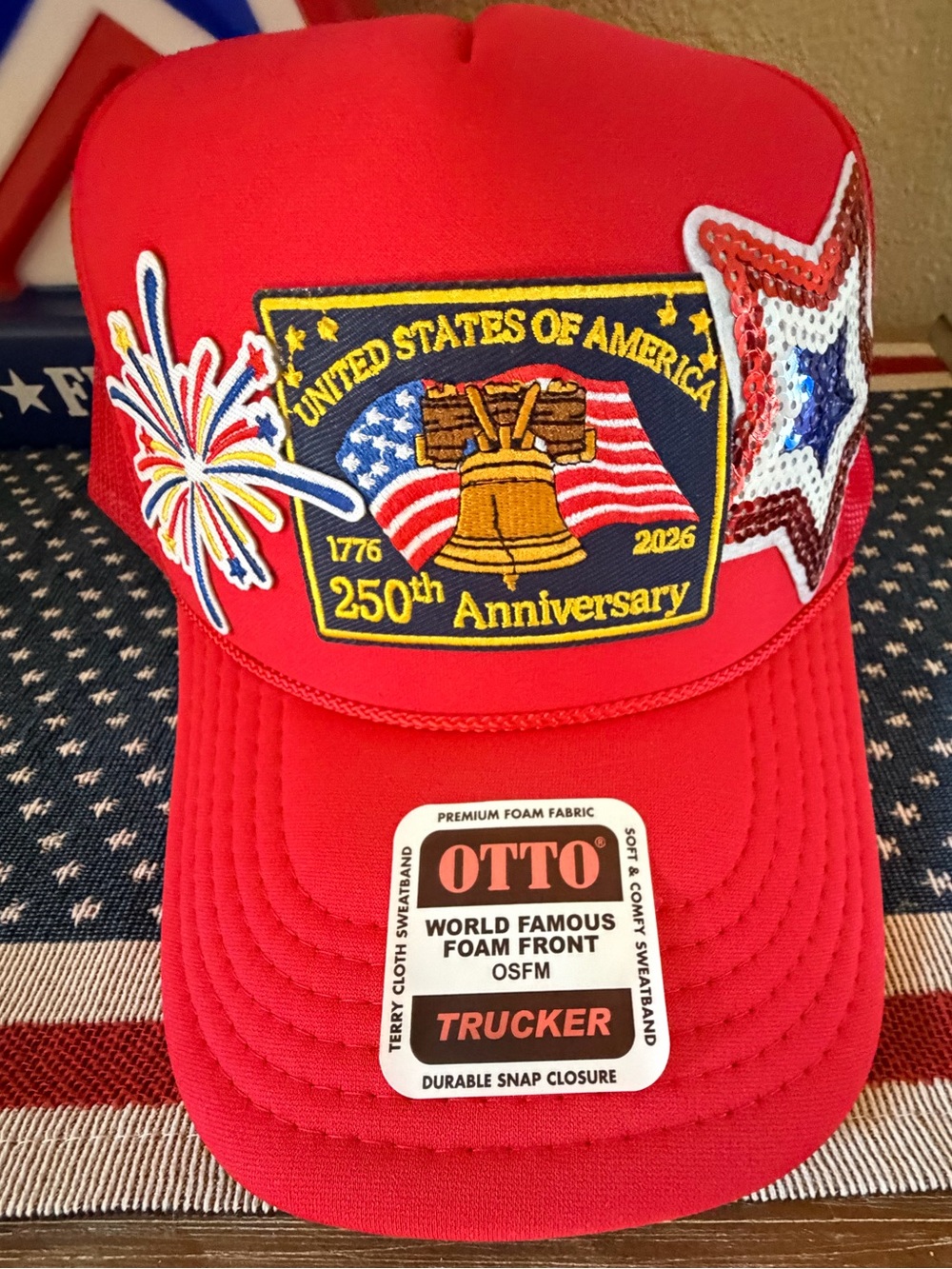 Custom OTTO Red Trucker Hat with Patriotic 250th Anniversary Patch